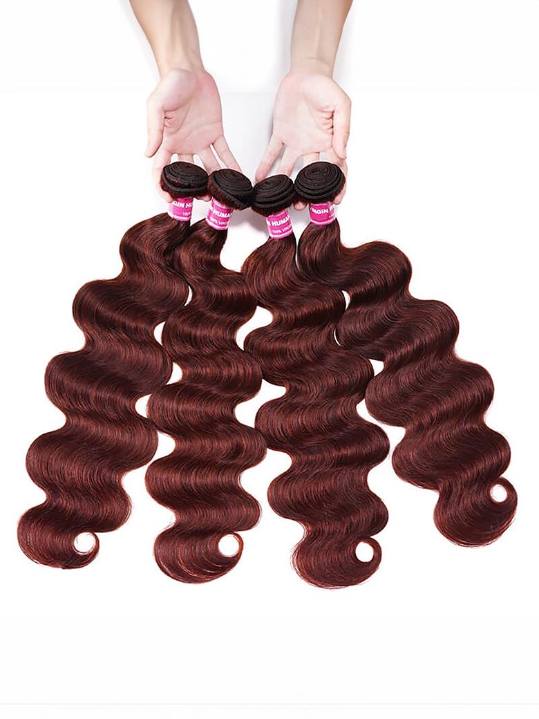Dark Auburn Body Wave Remy Human Hair 4 Bundles With Closure Deal