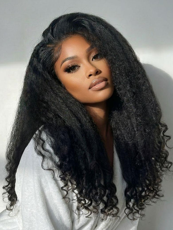 Petaluxe InvisiBlend? V part Natural Black Kinky Straight with Spiral Curly Ends Human Hair Wig for Beginner