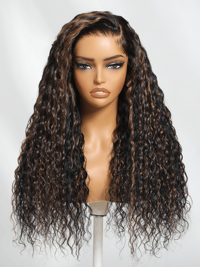 Bye-Bye Knots 7x5 Lace Water Wave Black Wig With Golden Brown Highlights