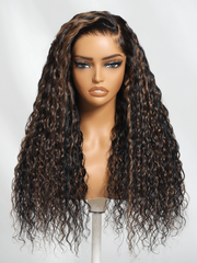 Bye-Bye Knots 7x5 Lace Water Wave Black Wig With Golden Brown Highlights
