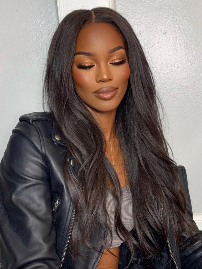 Petaluxe [From 18"] 6x4.5 Pre Cut Lace Put On And Go Kinky Straight Black Air Glueless Wig 150% Density