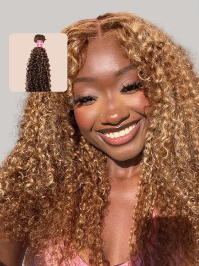 Petaluxe Curly Hair With Blonde Highlight Human Hair Weft One Bundle