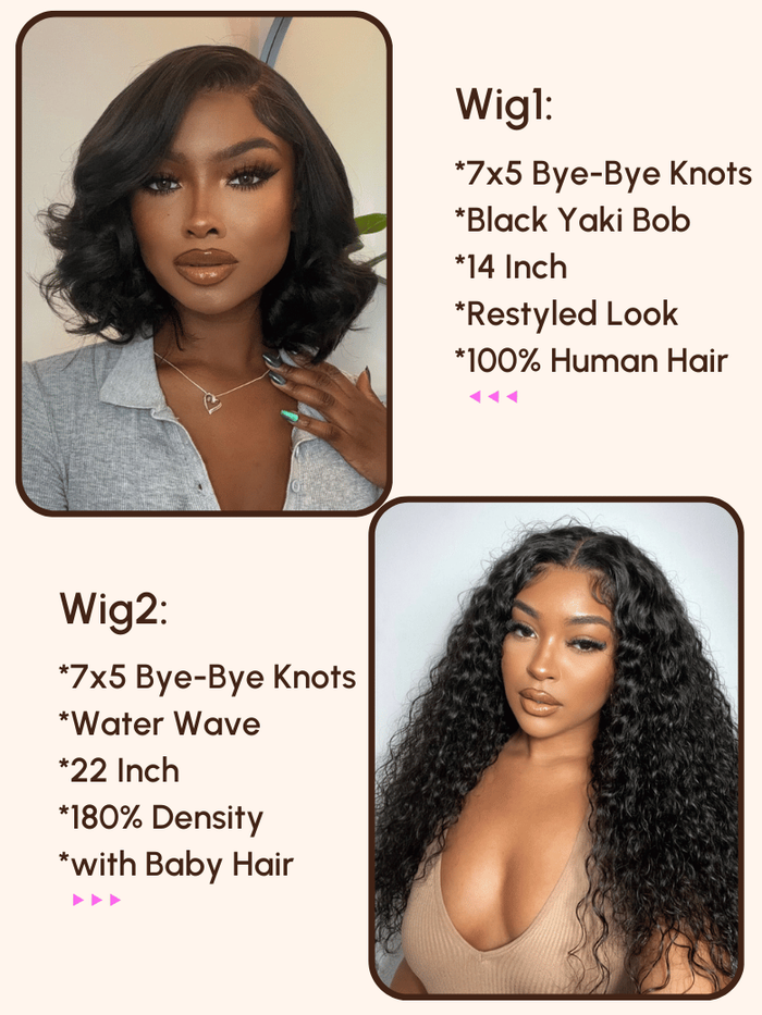 Petaluxe $249=2 Wigs | 22" 7x5 Bye-Bye Knots and14" Black Yaki Bob Wig
