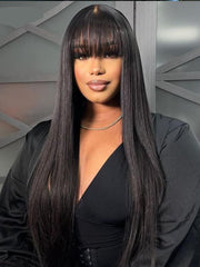 Black Yaki Wig Human Hair Glueless Wig with Blunt Bangs