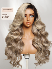 Ash Blonde With Brown Roots No Slip 13x4 Pre-Everything? Lace Frontal Body Wave Wig with Invisi Drawstring