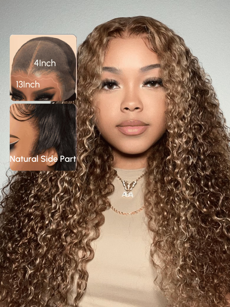 Real Ear To Ear Super Secure 13x4 Lace Frontal Honey Blonde Highlights Jerry Curly Pre-Everything Wig