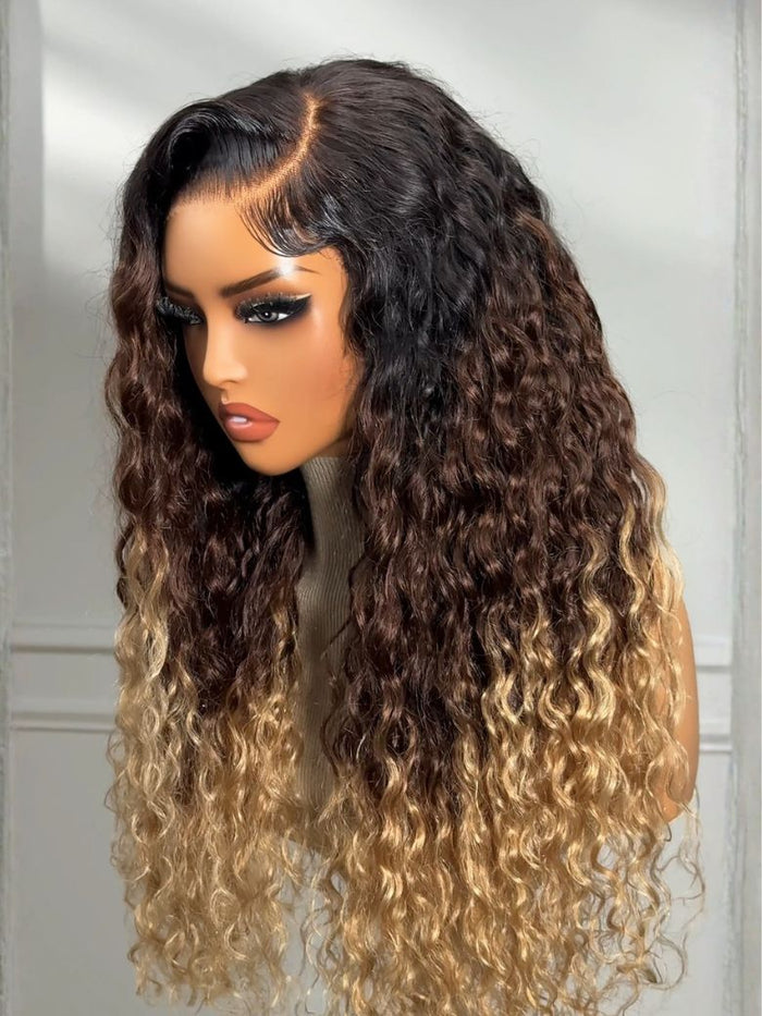 [Today $89] Petaluxe Bye-Bye Knots 7x5 Lace Black to Brown to Blonde Ombre Water Wave Wig with Invisi Drawstring