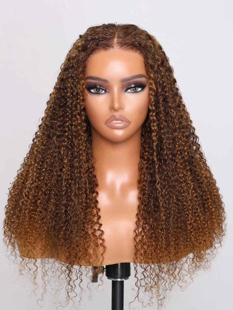 Bye Bye Knots Wig 7x5 Glueless Lace Highlight Piano Brown Kinky Curly Wig with Bleached Knots