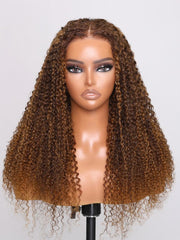 Bye Bye Knots Wig 7x5 Glueless Lace Highlight Piano Brown Kinky Curly Wig with Bleached Knots