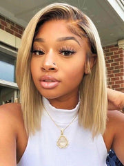 7x5 Bye-Bye Knots Lace Blonde with Brown Roots Side Part Blunt Bob Wig