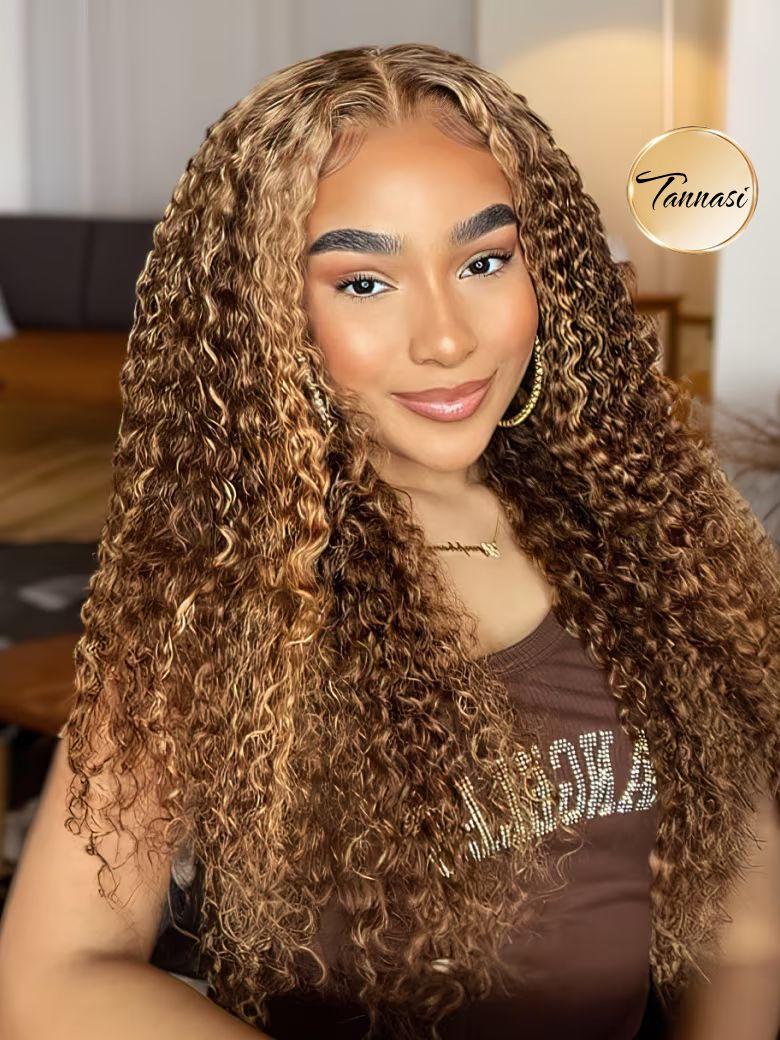 Transparent Lace Ombre Honey Blonde Money Piece Highlight Lace Wigs Curly Human Hair Wigs