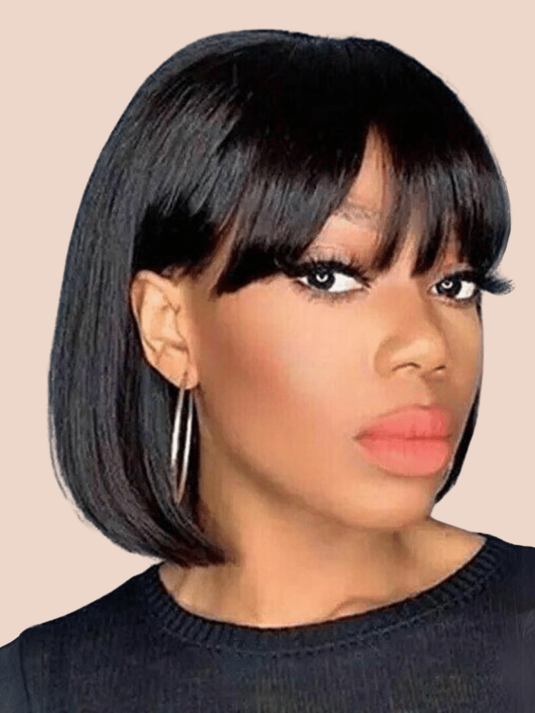 10-Inch Off Black Straight Bob Wig With Bangs