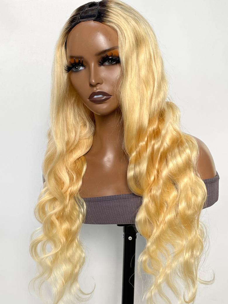 Glueless Blonde with Black Roots Body Wave Wig New U Part Beginner Friendly