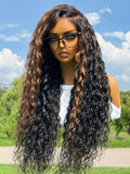 Petaluxe Bye-Bye Knots? 7x5 Lace Black with Caramel Piano Highlights Water Wave Wig With Invisi Drawstring 150% Density