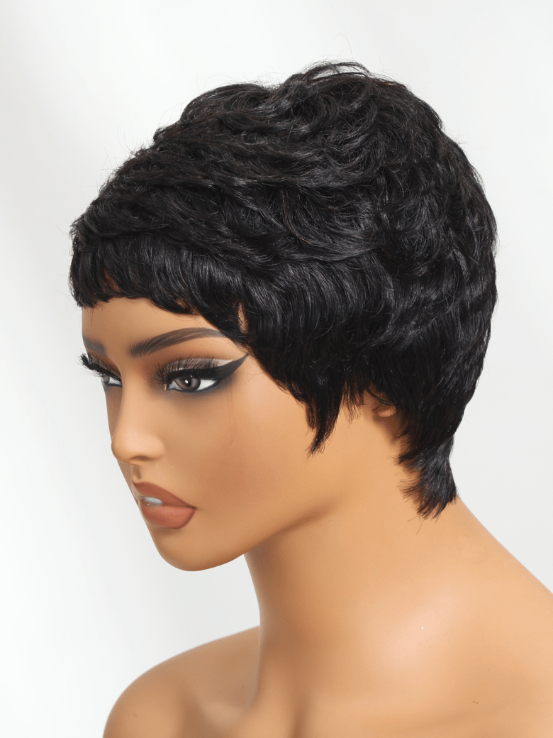 Pixie Cut Baby Bangs Black Human Hair Glueless Wig