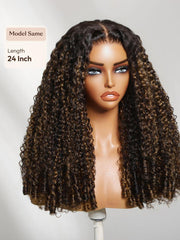 100% Human Hair Glueless Curly Wig With Defined Finger Coil Ends Bye-Bye Knots? 7x5 Lace Black to Chestnut Brown Ombre Drawstring Wig