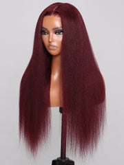 Bye Bye Knots Wig 7x5 Glueless Lace Burgundy Yaki Wig With Bleached Knots