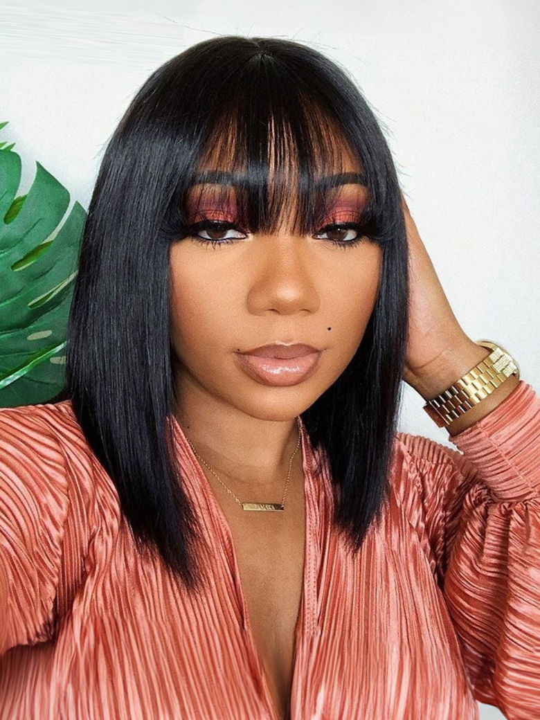 Short Bob Wigs Black Wig for Women with Bangs Machine Made Straight Wig