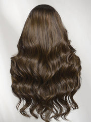 7x5 Bye-Bye Slip? Lace Brown with Caramel Highlights Loose Wave with Face-Framing Layers and Side Swept Bangs