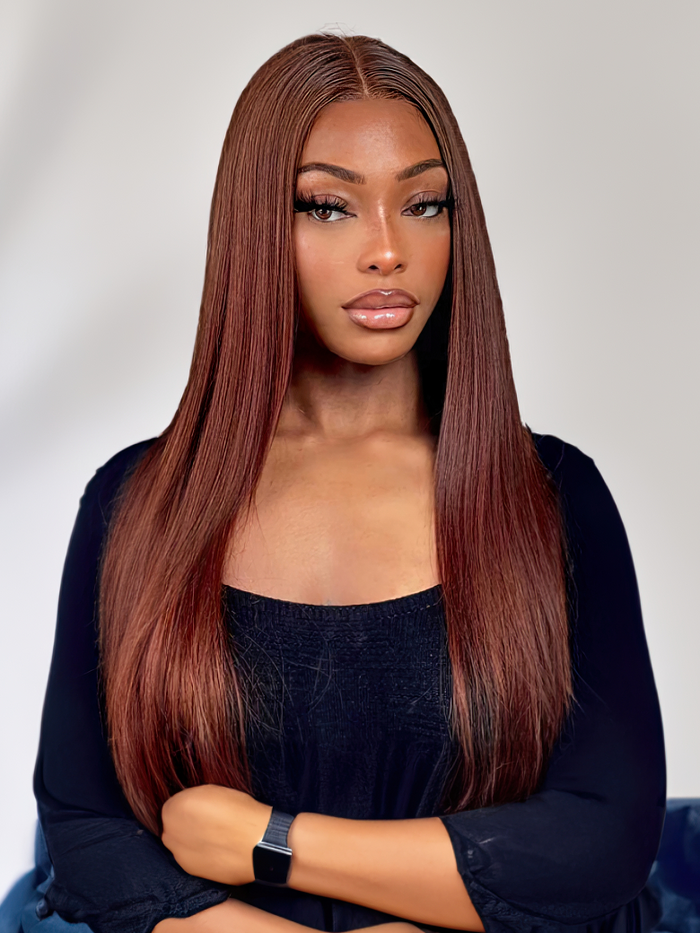 Petaluxe Reddish Brown Remy Human Hair 4x4 Free Part Silky Straight Closure