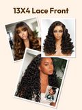 Petaluxe [All 13x4 Front] 200%/ 150% Density Wide Front Lace Fluffy Loose Wave/ Chocolate Brown/ Side Swept Bangs/ Bouncy Water Wave Curly/ Burnt Orange Wigs