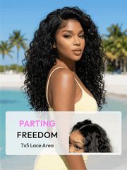 water wave glueless wig with a 7x5 lace area for deep parting freedom, styled in a voluminous look at the beach.