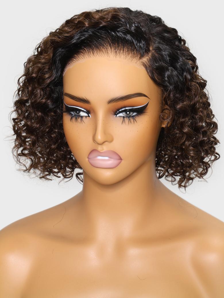 Bye-Bye Knots Lace Frontal Side Part Wig Chestnut Brown Ombre Short Curly Bob Wig
