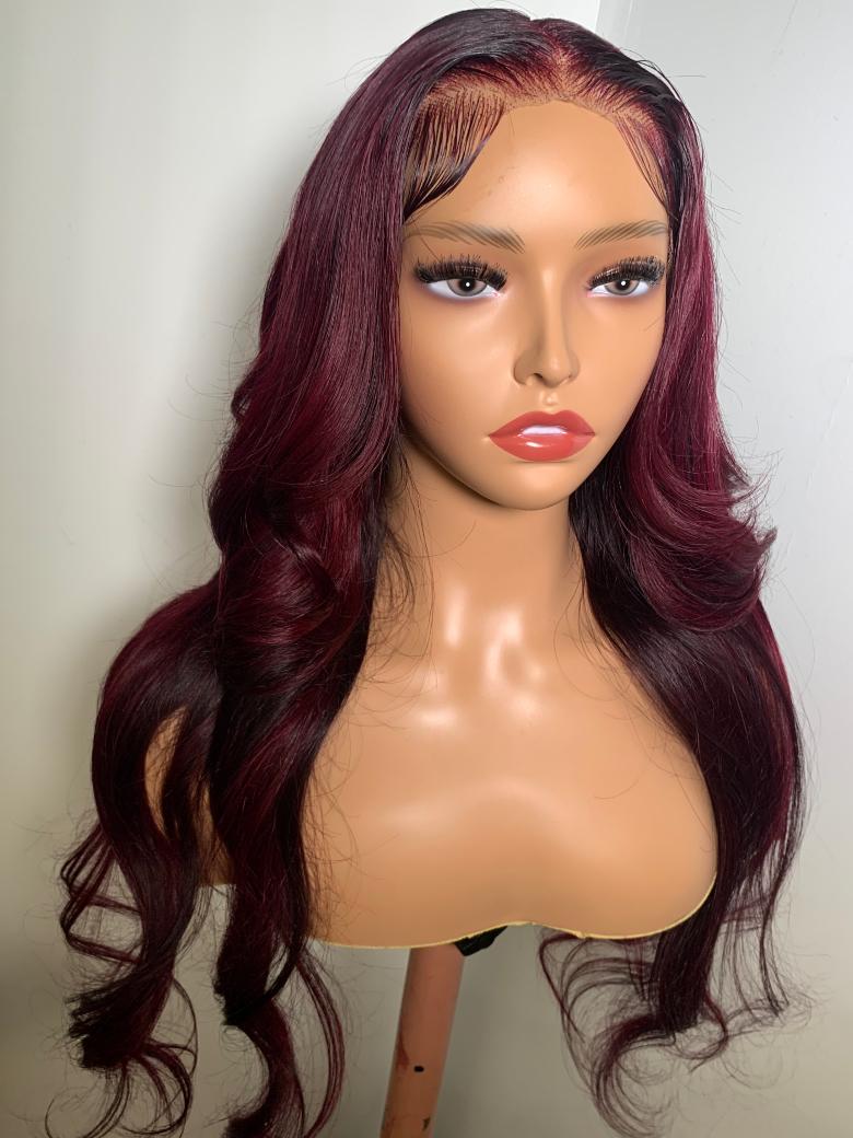 13x4 Lace Front Layered Burgundy Ombre Wig With Dark Roots