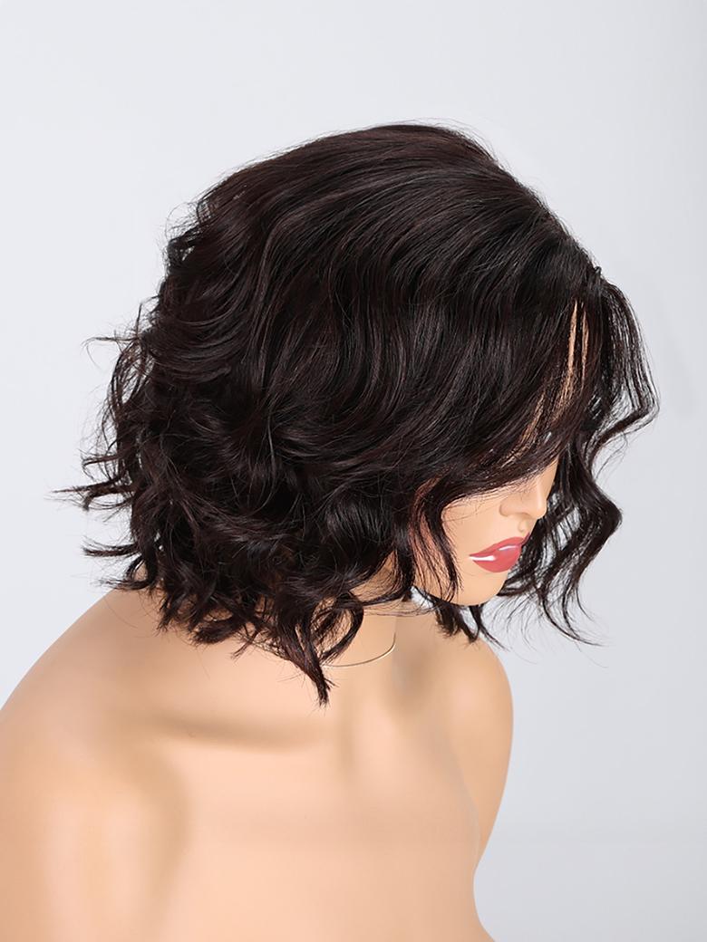 High-level Machine Made Dark Brown Side Part Loose Wave Bob Wig