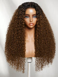Petaluxe 7x5 Bye Bye Slip? Lace Warm Caramel Brown with Dark Roots Natural Afro Curly Wig with Invisi Drawstring