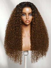 7x5 Bye Bye Slip? Lace Warm Caramel Brown with Dark Roots Natural Afro Curly Wig with Invisi Drawstring