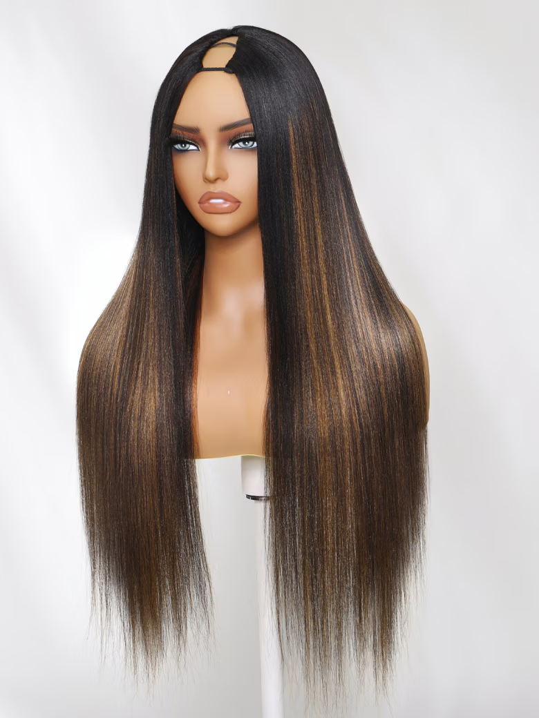 From 20'' 7x5 Bye Bye Knots Yaki Straight With Invisible Drawstring Wig& Brown Ombre V Part Yaki Wig