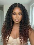 Petaluxe InvisiBlend? V Part Black to Reddish Brown Ombre Glueless Water Curly Wig