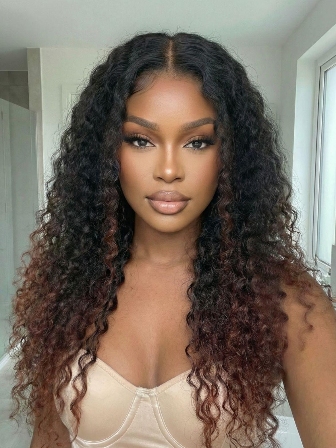 InvisiBlend? V Part Black to Reddish Brown Ombre Glueless Water Curly Wig