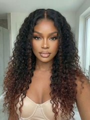 InvisiBlend? V Part Black to Reddish Brown Ombre Glueless Water Curly Wig