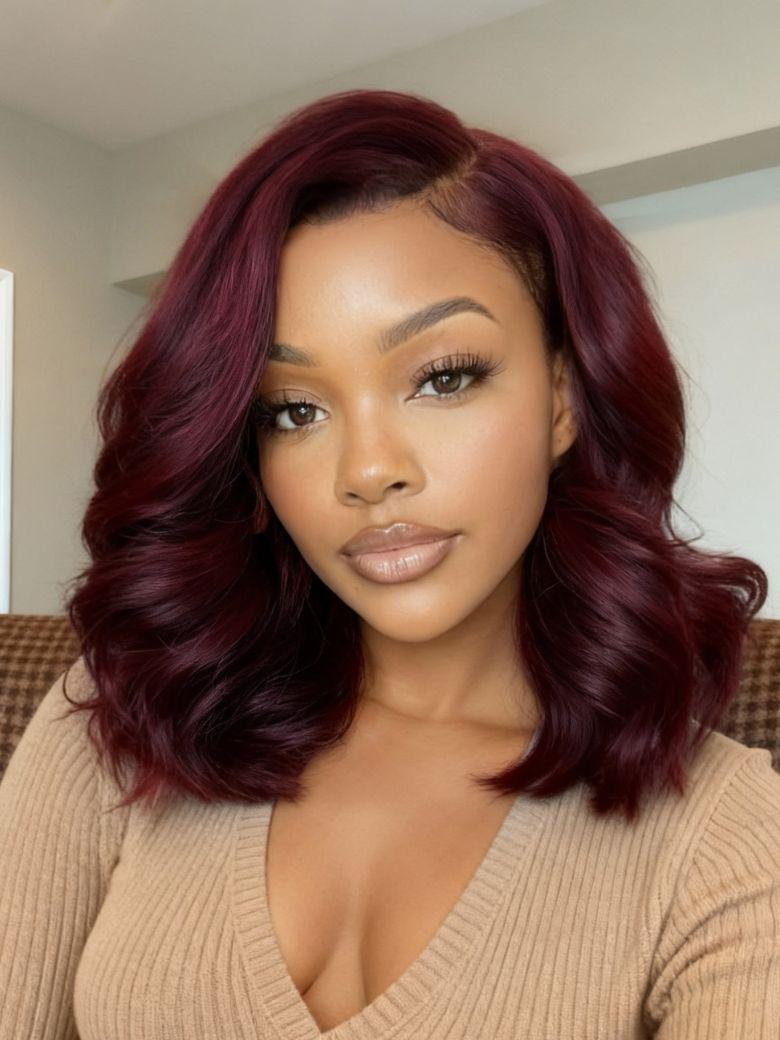 Bye-Bye Knots? 7x5 Lace Black Cherry Layered Wolf Cut with Wispy Bangs&Body Wave With Curtain Bangs Drawstring Wig