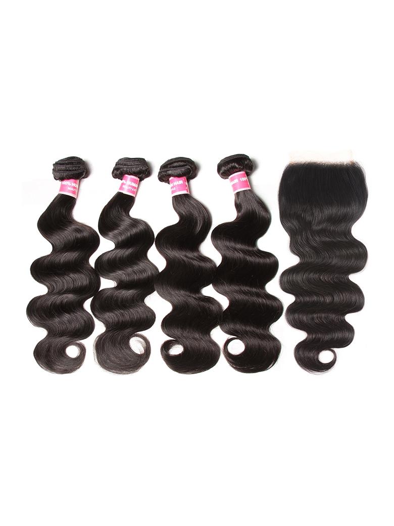 Hair 5x5 HD Lace Closure With 4 Bundles Body Wave Human Hair Weaves Transparent Lace Natural