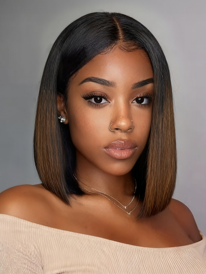 Bye-Bye Knots 7x5 Lace Black to Chestnut Brown Ombre Yaki Bob Wig