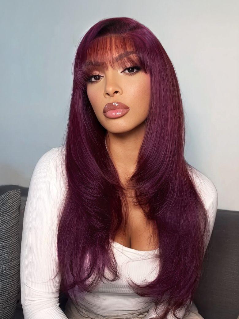 Black Cherry Bye-Bye Knots? 7x5 Lace Face Framing Layer Cut Straight Wig with Wispy Bangs Drawstring Wig