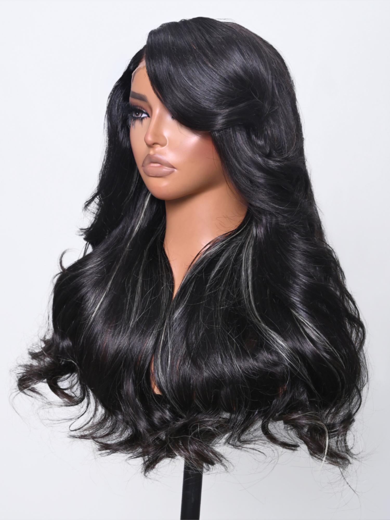 13x4 Lace Front Black Loose Wave Wig With Blonde Peekaboo Highlights