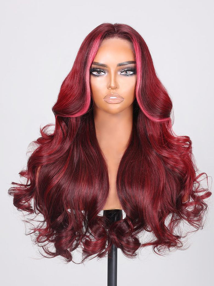 Petaluxe 13X4 Lace Front Deep Burgundy With Pink Face Framing Highlights Loose Wave Wig