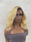 Petaluxe Dark Roots Blonde 13x4 Lace Front Big Wave Short Wig With Side Bangs