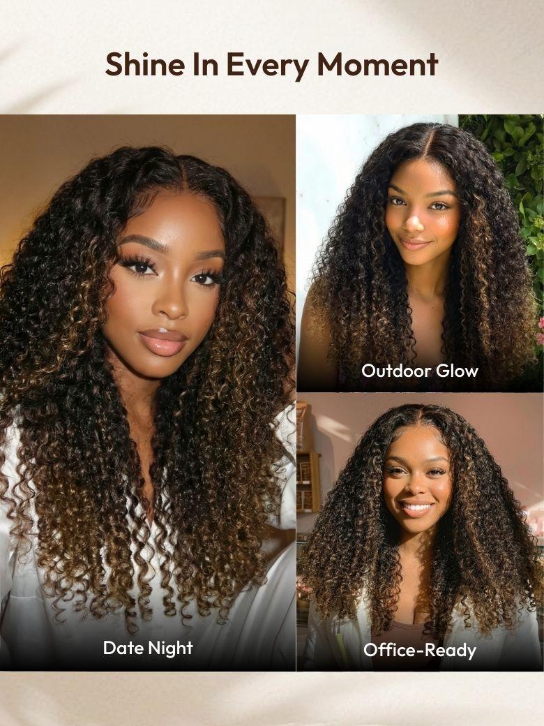 Glueless 7x5 Burmese Curly Wig with Finger Coily Ends 100% Human Hair Black to Chestnut Brown Ombre Bye-Bye Knots? 7x5 Lace Drawstring Wig