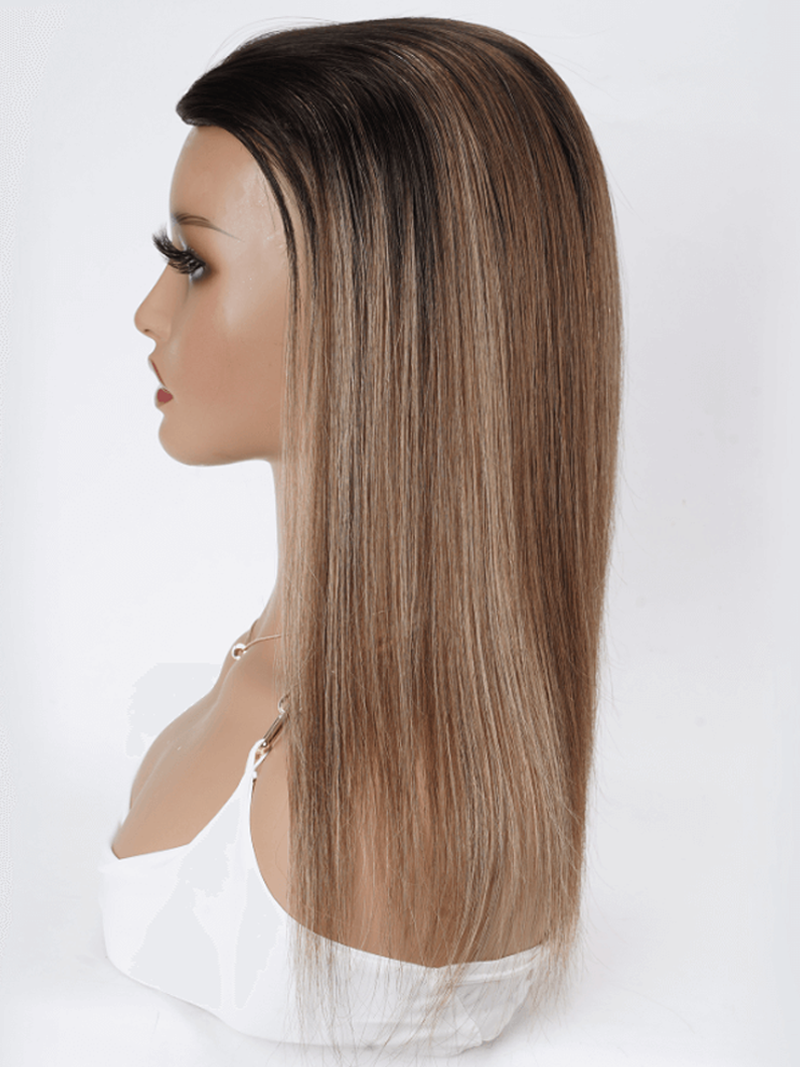 Hair Topper Brown Balayage Hand-Tied Lace Front And Weft Hollow Net