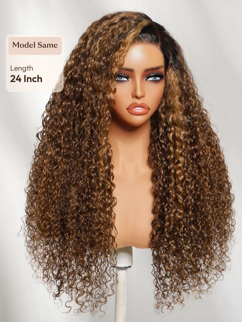 13x4 Bye Bye Slip? Lace Frontal Brown with Caramel Highlights Glueless Curly Wig with Dark Roots