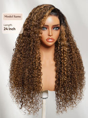13x4 Bye Bye Slip? Lace Frontal Brown with Caramel Highlights Glueless Curly Wig with Dark Roots