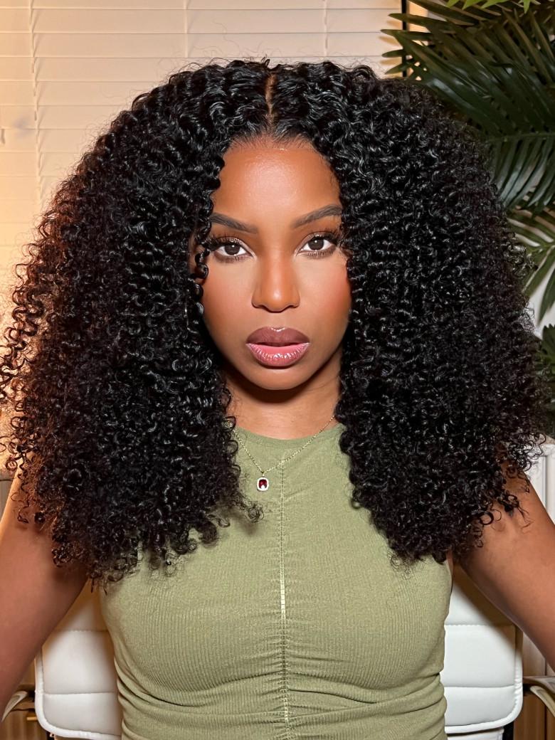 [22"=$98] Kinky Curly Super Bouncy Middle Lace Part Natural Black Human Hair Wigs