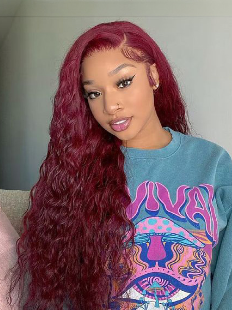 [24"=$99] Transparent Lace Wigs Burgundy 99j Hair Color Curly Wig