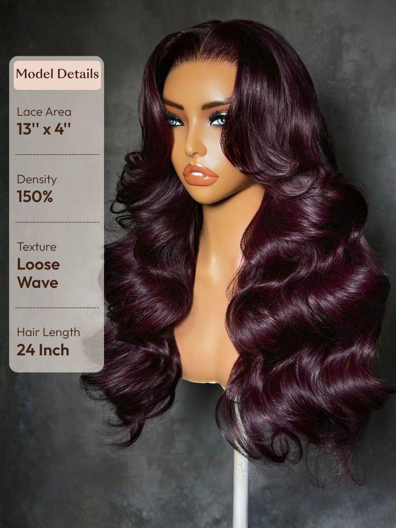 7x5 Bye-Bye Knots? & 13x4 Pre-Everything? Lace Frontal Purple Black Cherry Layered Straight & Loose Wave With Invisi Drawstring Wig
