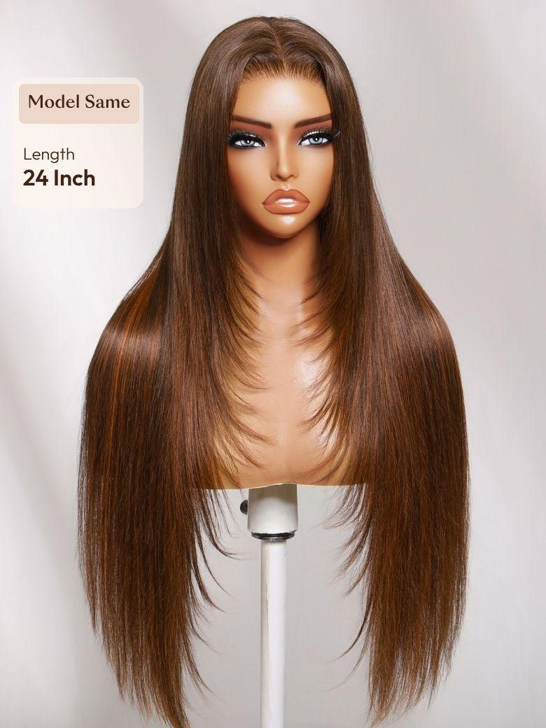 7x5 Bye-Bye Slip? Lace Rich Brown with Golden Copper Highlights Layered Straight Glueless Wig with Invisi Drawstring